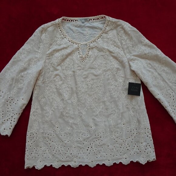 John Mark Velvet Tunic Top Women's Size M Ivory Embroidered Loose Fit - Picture 2 of 14
